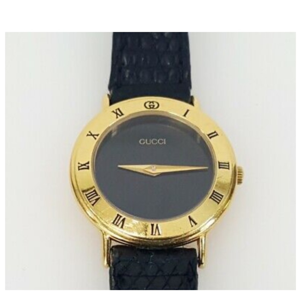 Gucci 3000.2.L 10mm Ladies Gold Plated Black Face Leather Band Watch